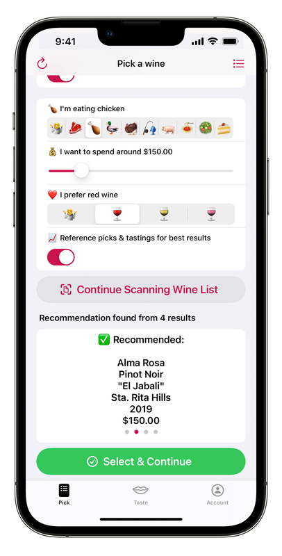 iPhone with the wine scanner feature show filters and preferences that a user can toggle after scanning a wine list with the resulting recommendation showing.