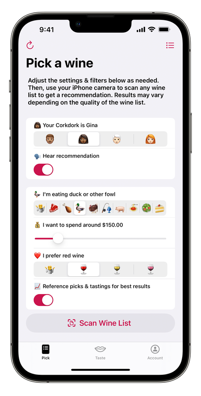 iPhone with the wine scanner feature show filters and preferences that a user can toggle before scanning a wine list.