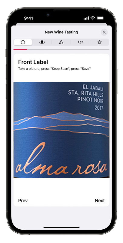 iPhone with the guided wine tasting notes feature showing on screen, particularly the front label image adder, with an image of a wine label.