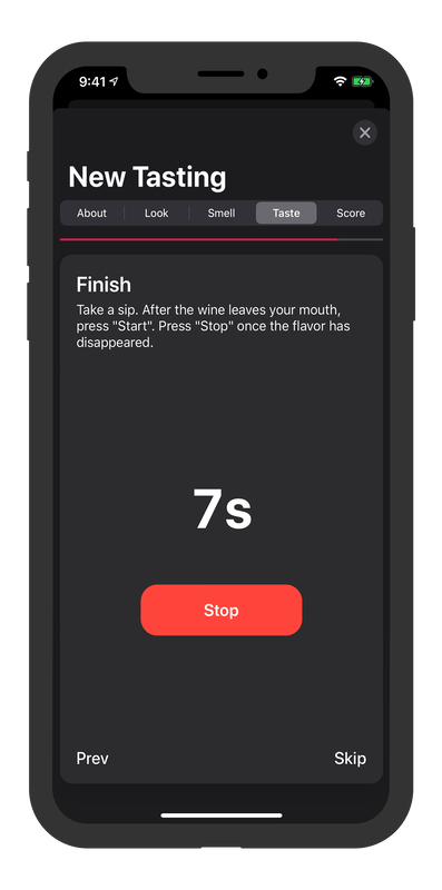 Picture of app on iPhone with example of wine wine finish timer feature that occurs during wine tasting. iPhone, iPad, wine tasting, wine tasting app, wine country, wine cellar, cellar organizer app, mobile app, taste wine, Napa, Napa Valley, Sonoma, Sonoma Valley