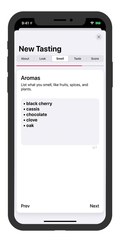 Picture of app on iPhone with example of wine aromas picker feature that occurs during wine tasting. iPhone, iPad, wine tasting, wine tasting app, wine country, wine cellar, cellar organizer app, mobile app, taste wine, Napa, Napa Valley, Sonoma, Sonoma Valley